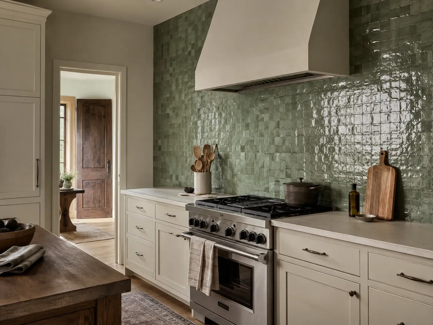 Sage green floor-to-ceiling zellige tile backsplash behind a range in a warm cream kitchen.