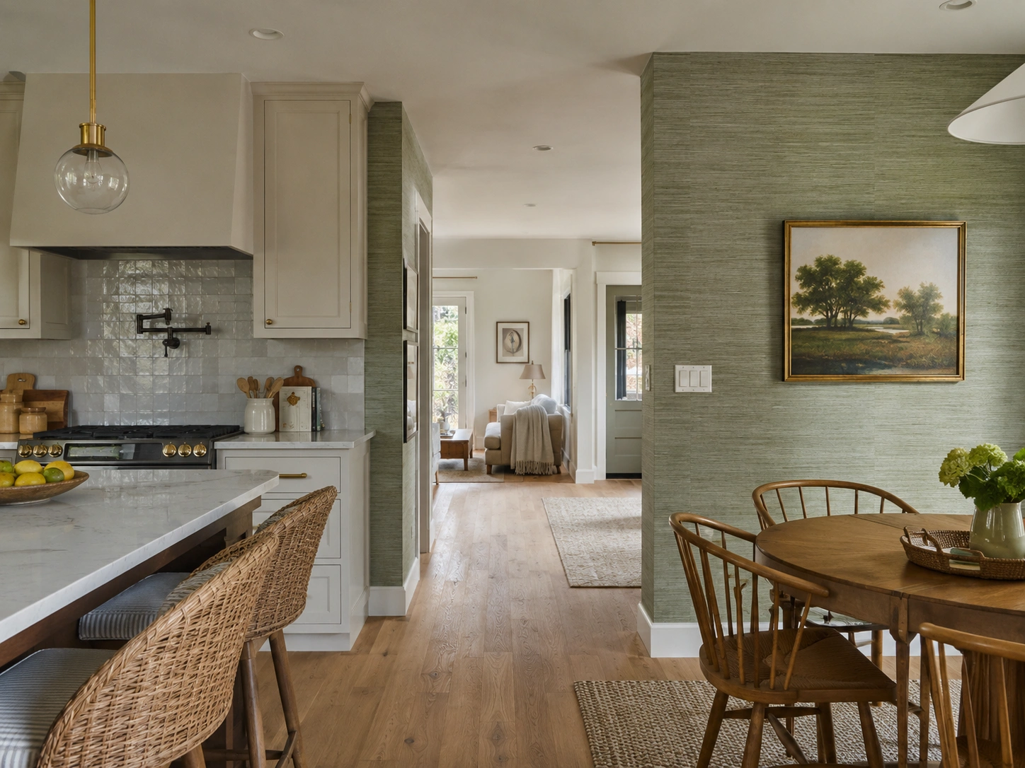 Sage green grasscloth wallpaper in an open kitchen dining room with wood chairs and natural texture