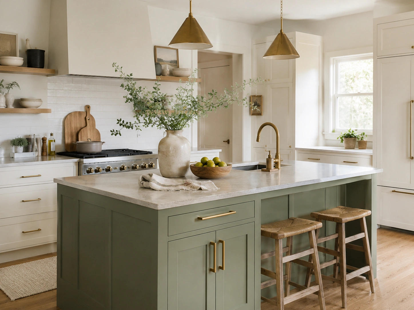 Sage green kitchen island base with white quartz countertop, brass hardware, and wood stools.