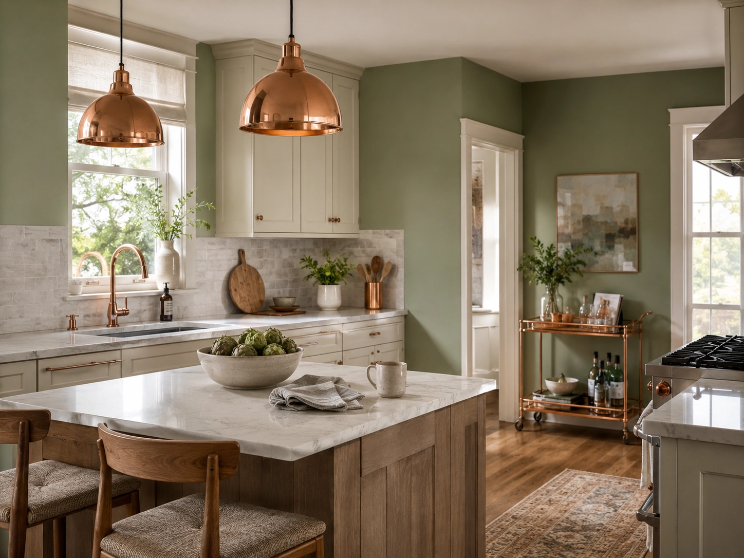 Sage green kitchen with copper pendant lights, rose gold faucet, marble island and warm wood accents