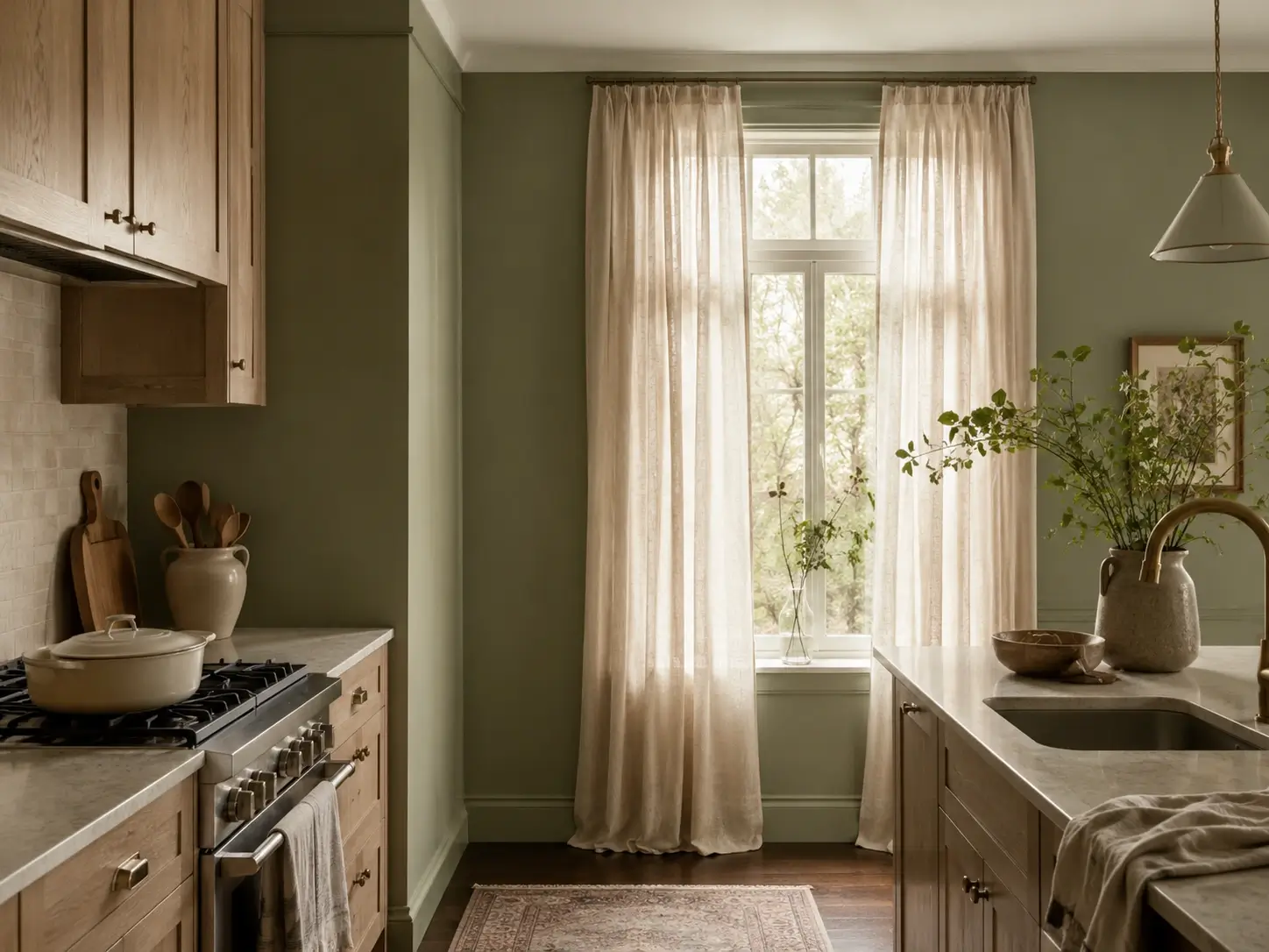 Sage green kitchen with natural linen curtains, warm wood cabinets, marble counters, and soft window light