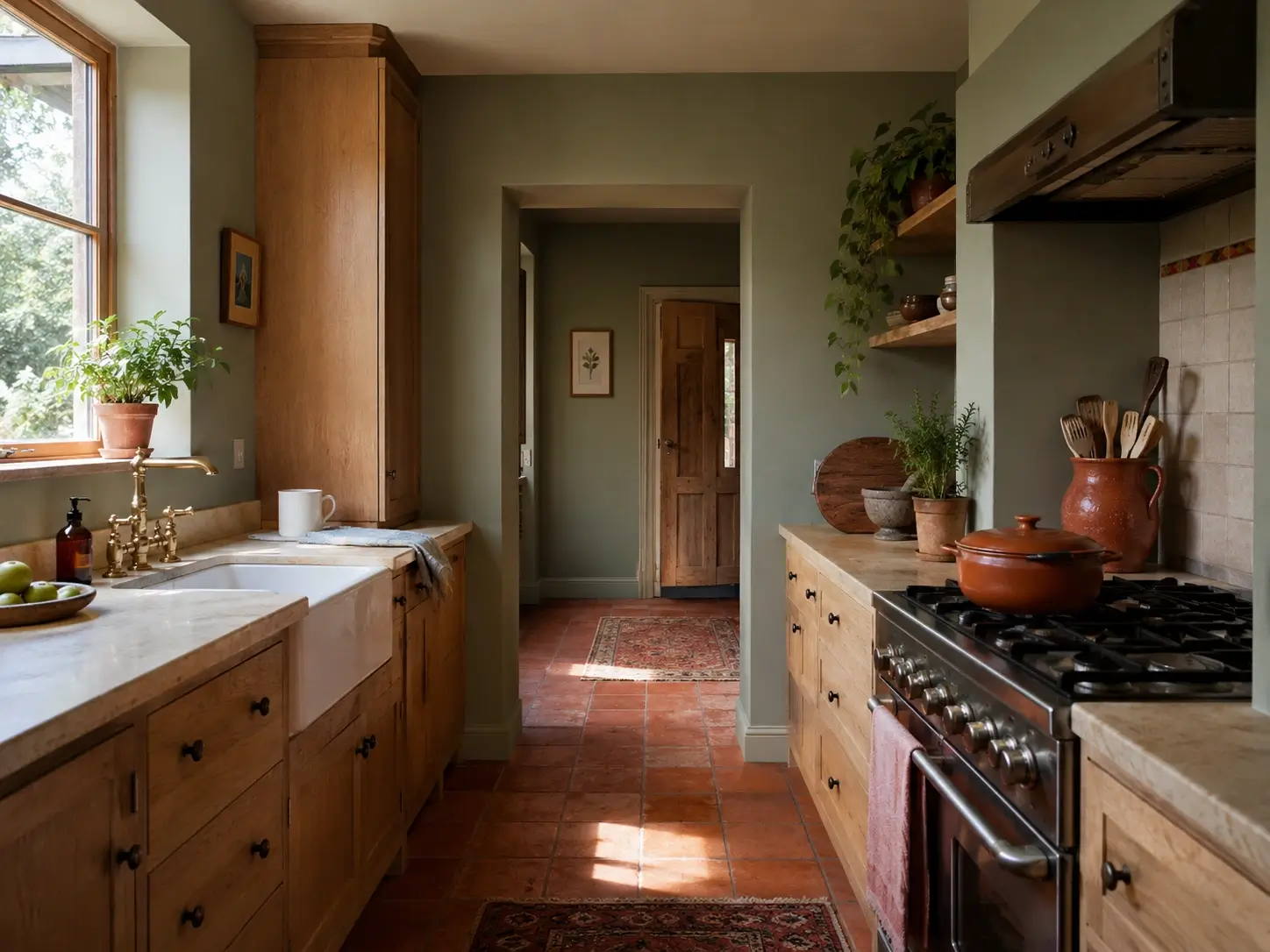 Sage green kitchen with terracotta floor tile, warm wood cabinets, brass faucet, and earthy rustic accents
