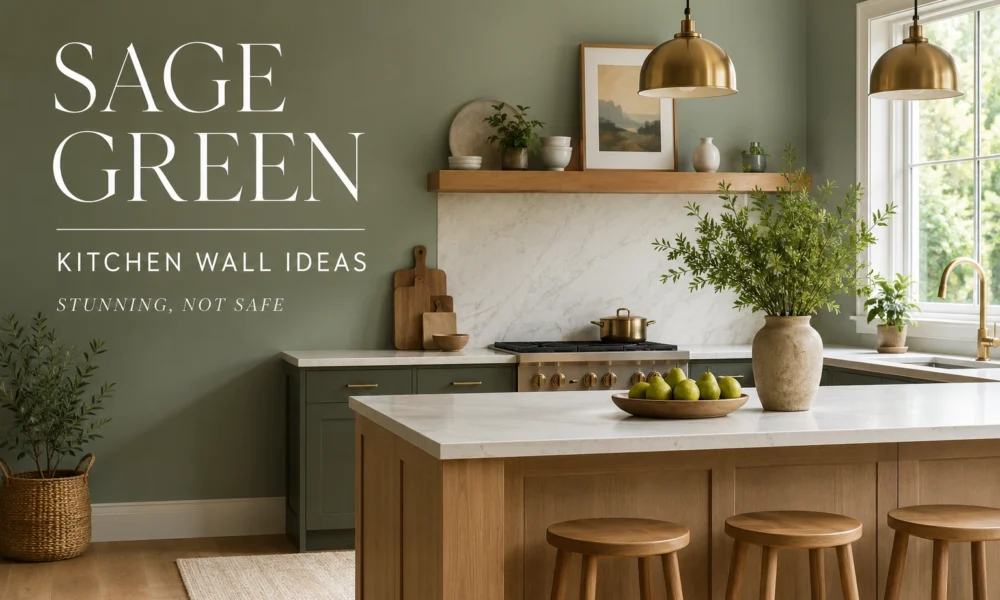 Sage green kitchen walls with brass pendants, wood island, marble backsplash, and editorial text overlay