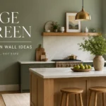 Sage green kitchen walls with brass pendants, wood island, marble backsplash, and editorial text overlay