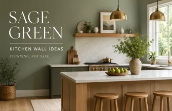 Sage green kitchen walls with brass pendants, wood island, marble backsplash, and editorial text overlay