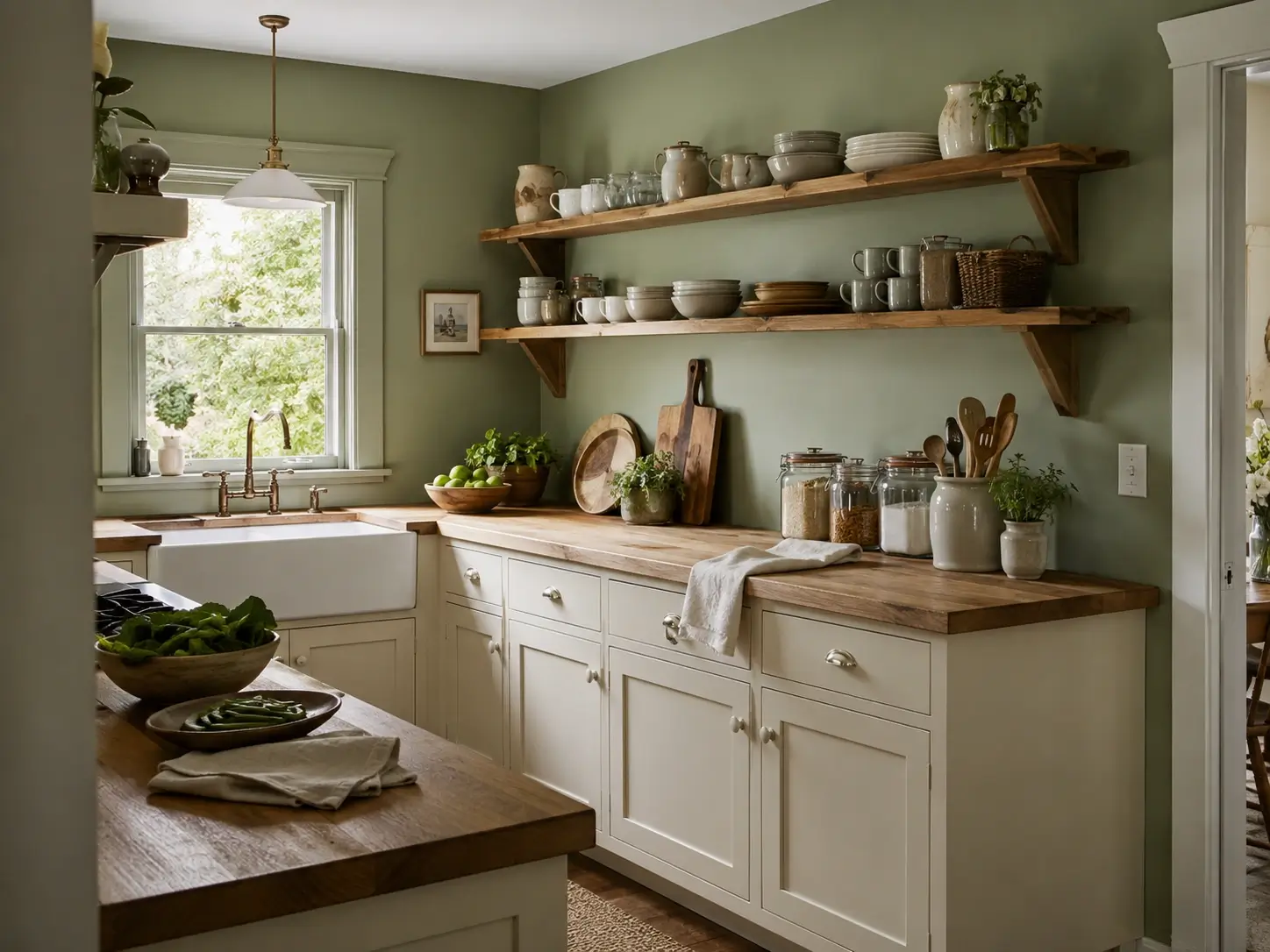 Sage green kitchen with warm wood countertops, cream cabinets, farmhouse sink, and open shelves.