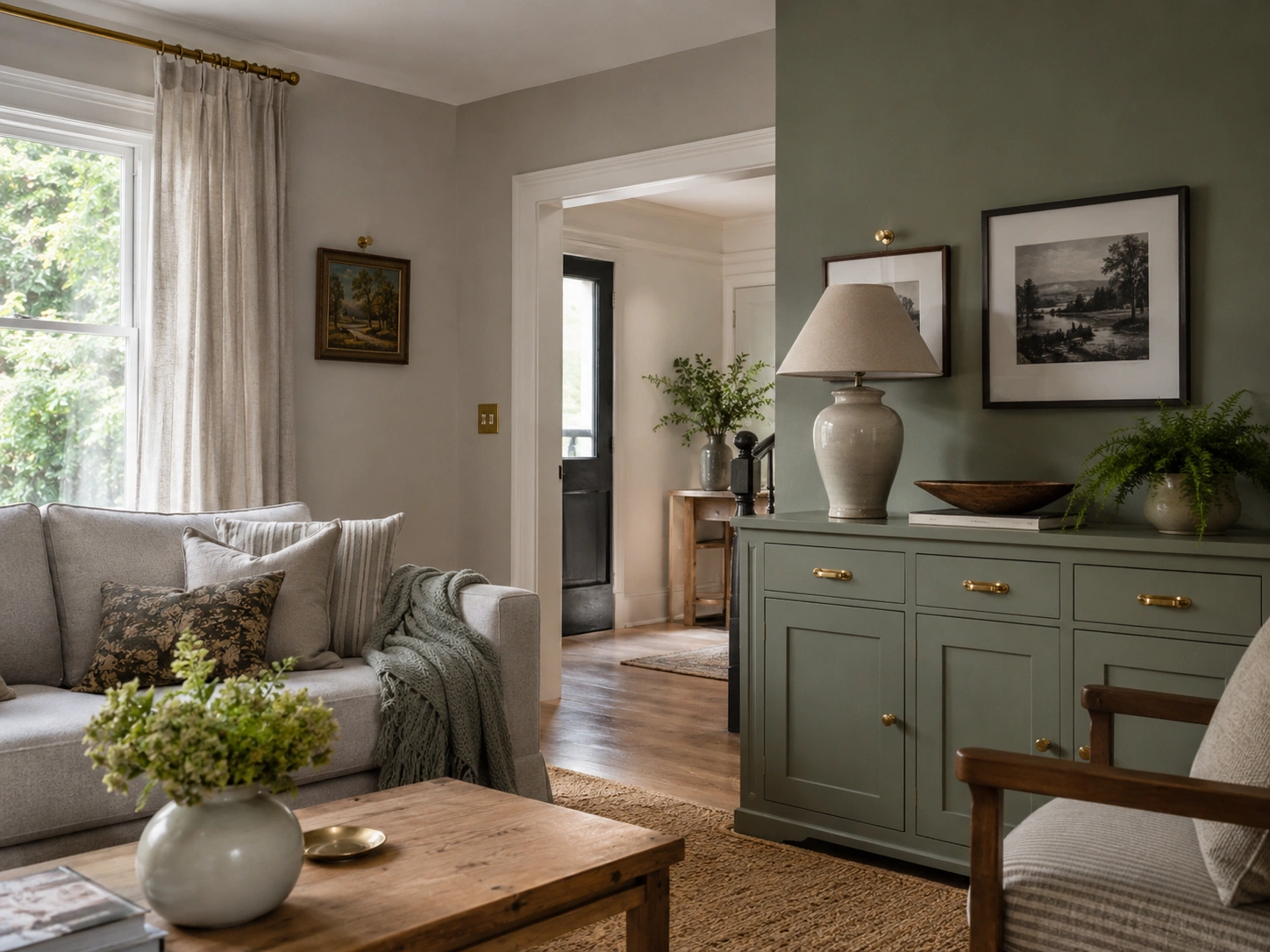 Sage green cabinet with brass hardware beside a light grey sofa in a warm, classic living room.