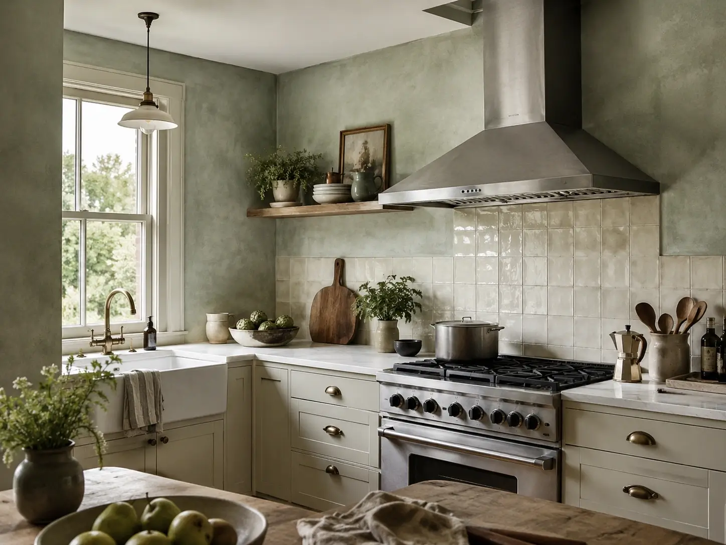 Sage green limewash kitchen walls with cream tile backsplash, wood shelf, and farmhouse sink