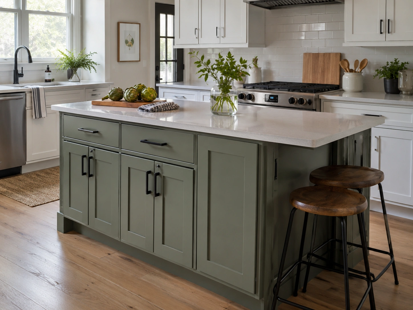 Sage green shaker island cabinets contrasting with white kitchen cabinets and a quartz countertop.