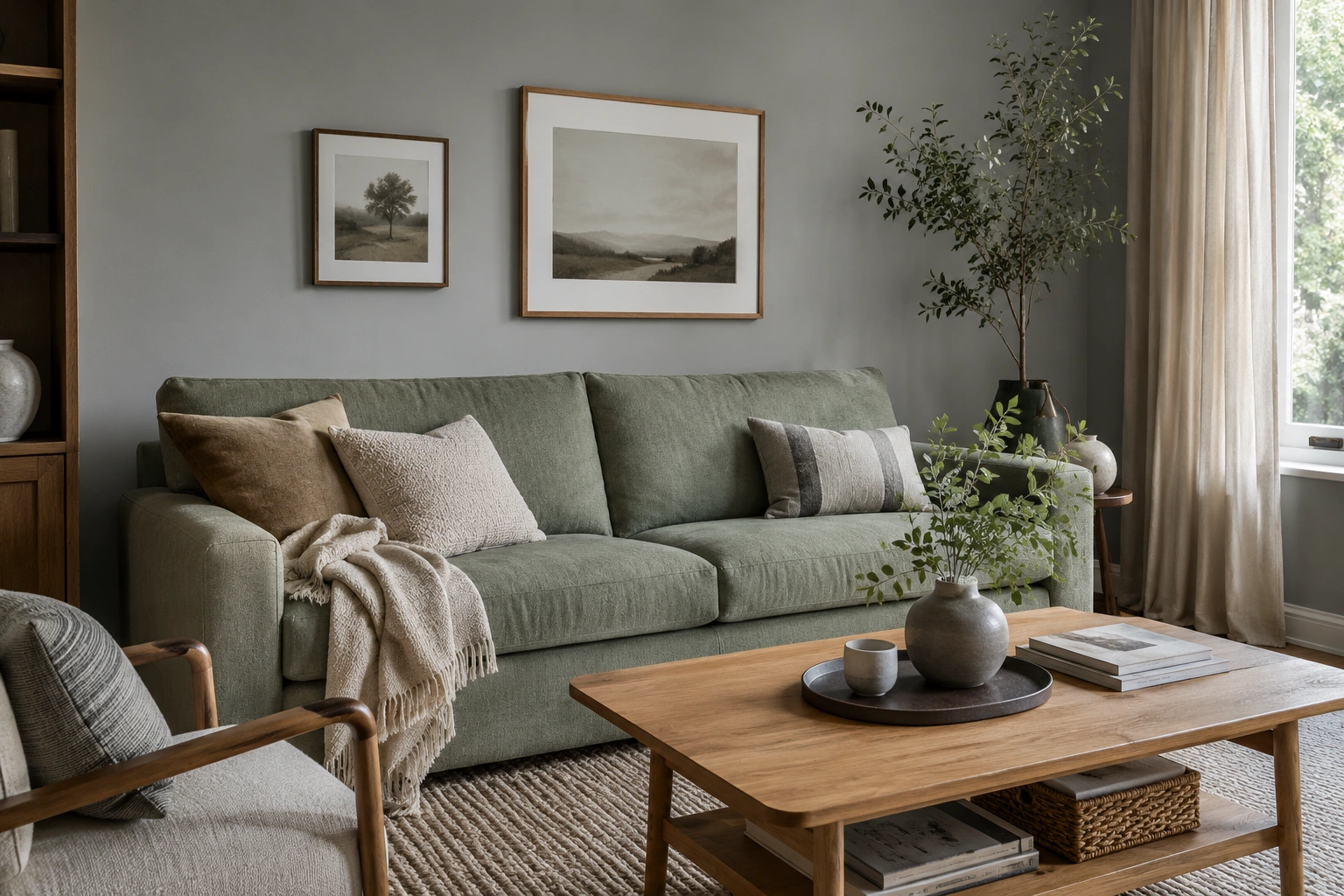Sage green sofa against cool grey walls in a calm living room with wood accents and neutral pillows.