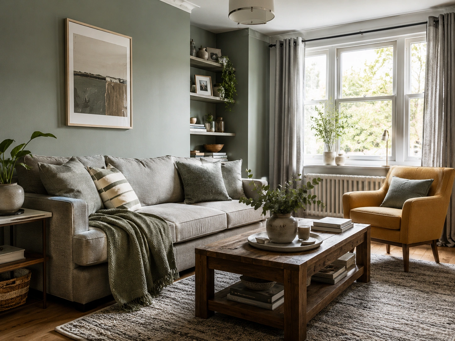 Sage green living room with stone grey sofa and mustard yellow accent chair.