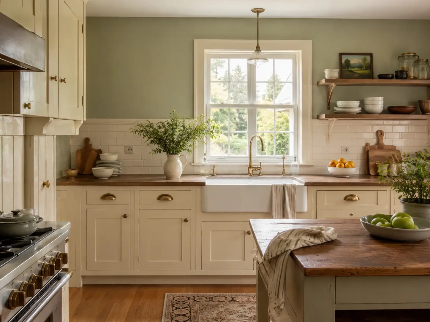 Sage green kitchen walls with cream shaker cabinets, farmhouse sink, wood counters and brass hardware.