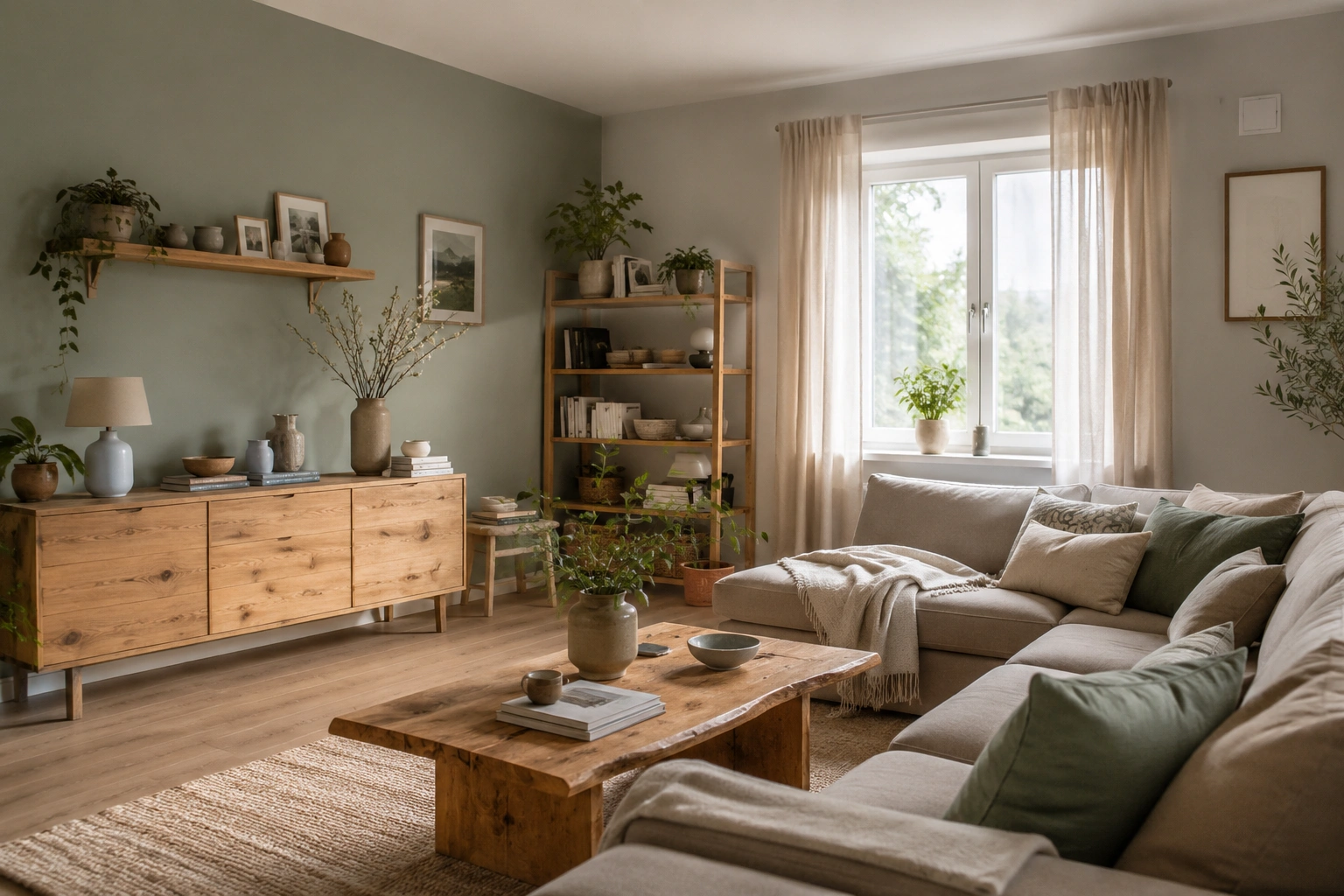 Sage green and warm grey living room with natural wood furniture, plants, and soft neutral curtains.