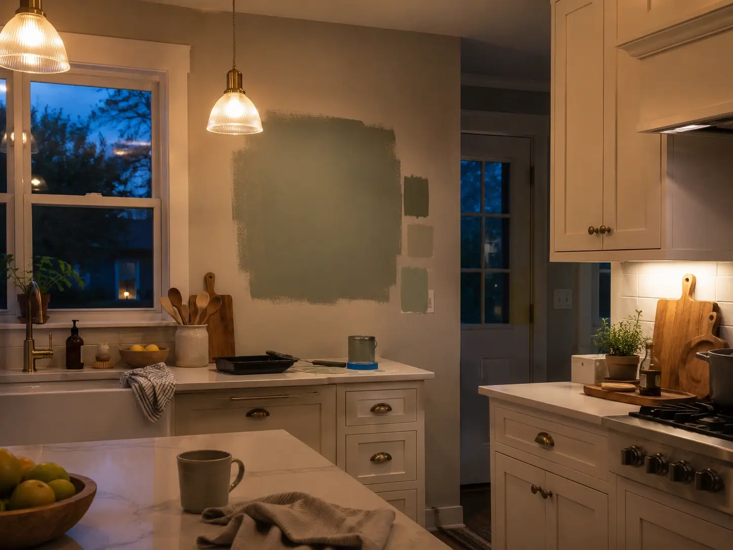 Sage green paint swatches tested on a kitchen wall under warm evening pendant lighting.
