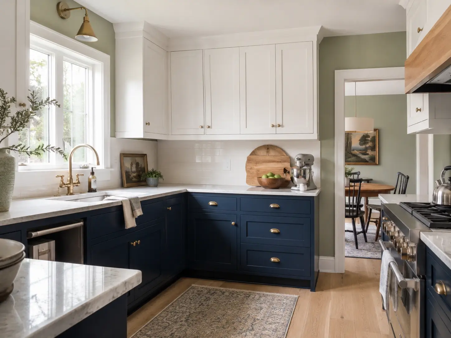 Sage green kitchen walls with dark navy lower cabinets, cream uppers, brass hardware, and marble counters.