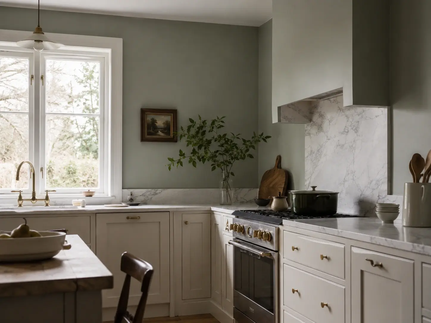 Sage green kitchen walls with marble countertops, cream cabinets, and brass hardware