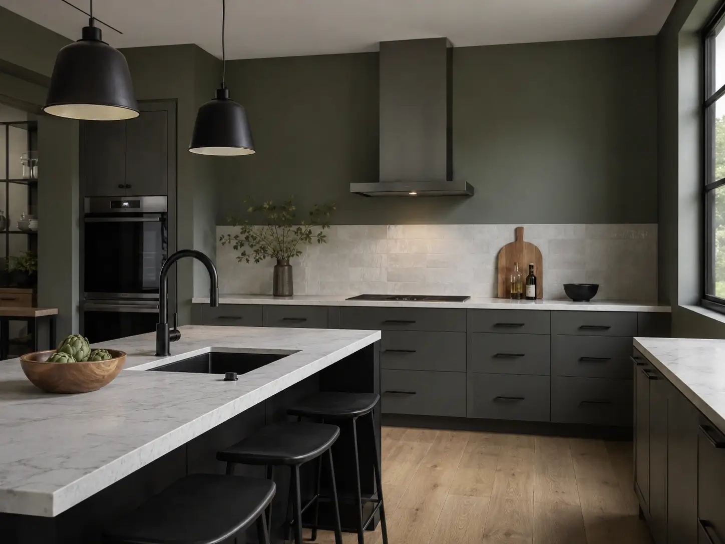 Sage green kitchen with matte black fixtures, dark cabinets, marble countertops, and black pendant lights