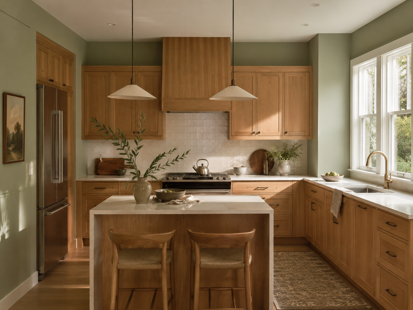 Sage green kitchen walls with medium oak cabinets, warm wood island, brass faucet, and natural light