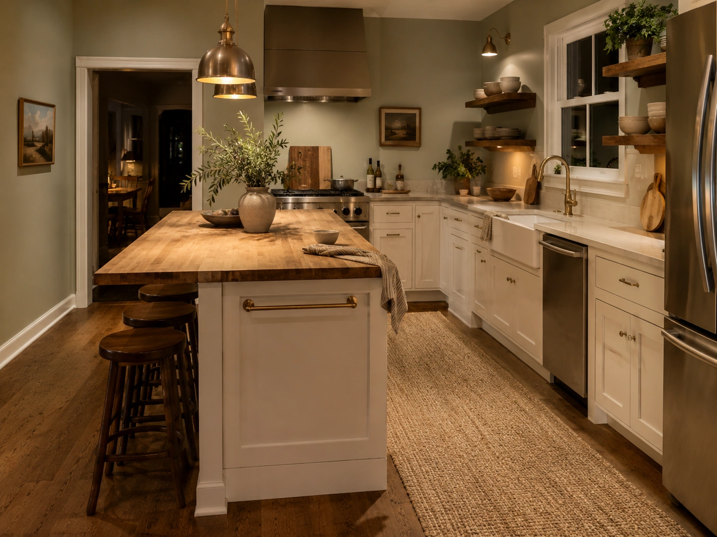 Sage green kitchen with white cabinets, wood island, brass accents, and a neutral woven runner rug