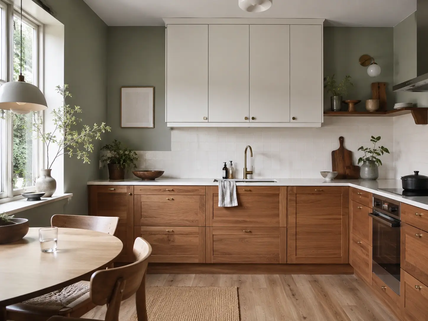 Scandinavian kitchen with sage walls, white upper cabinets, and natural oak lower cabinets.
