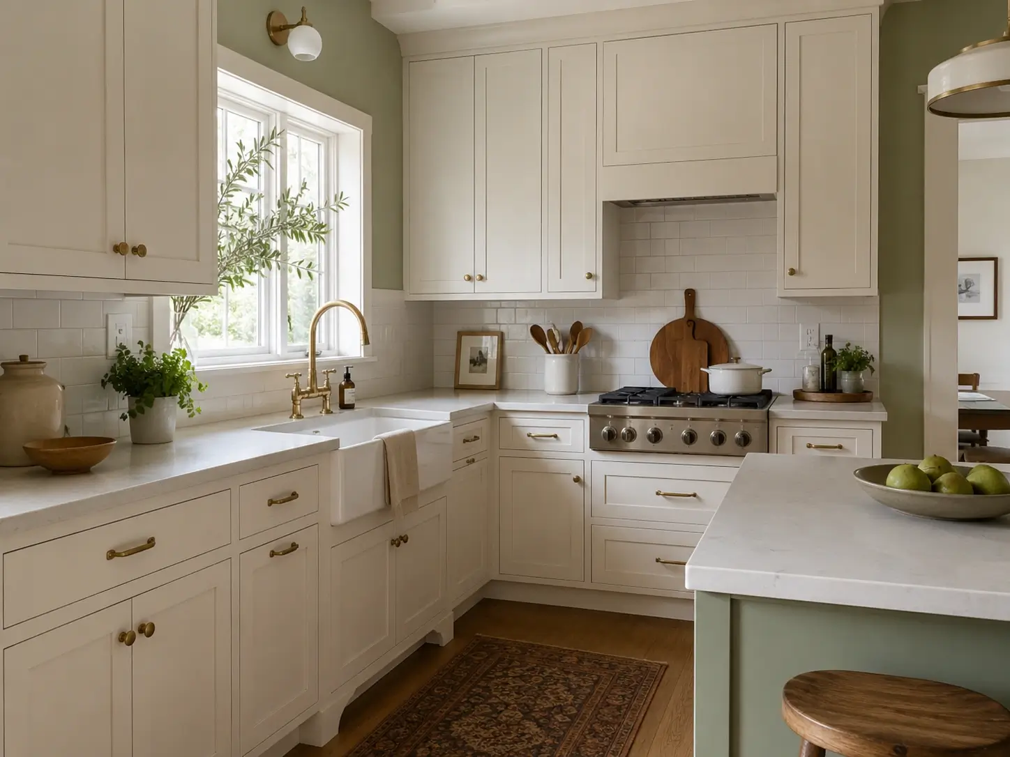 Sage green kitchen walls with warm white shaker cabinets, brass hardware, marble counters, and farmhouse sink.