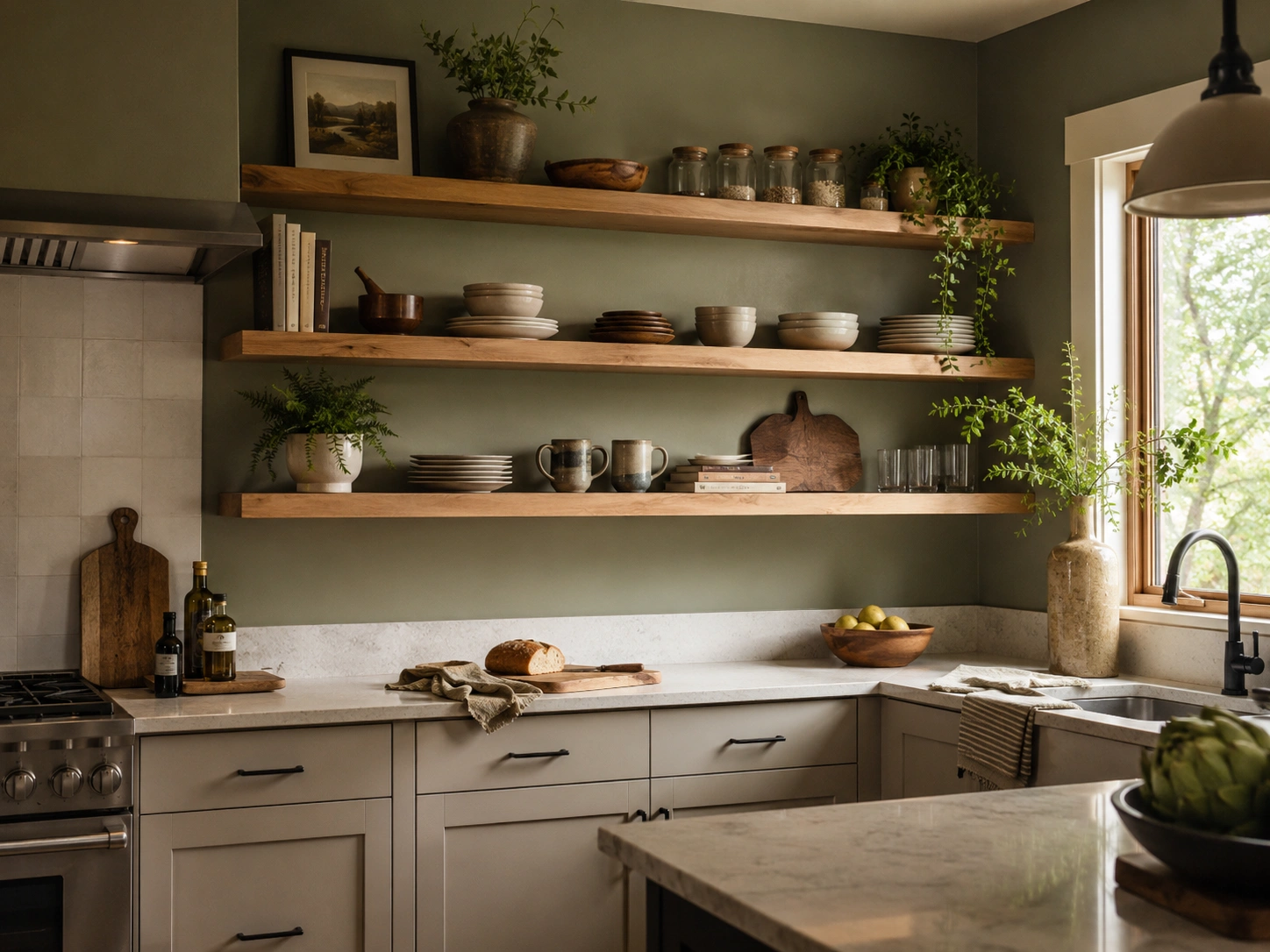 Sage green kitchen walls with warm wood open shelves, neutral dishes, plants, and cream countertops