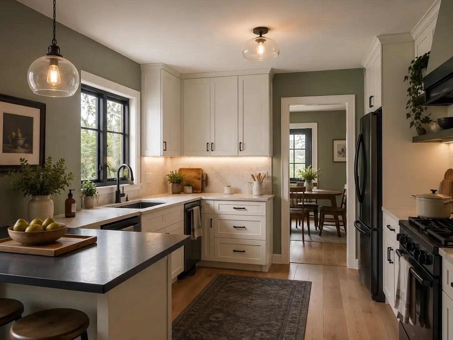 Sage green kitchen walls with white cabinets, black accents, wood floors, and warm pendant lighting.