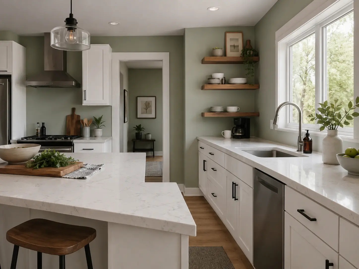 Sage green kitchen with white quartz countertops, gray veining, white cabinets, and wood floating shelves.