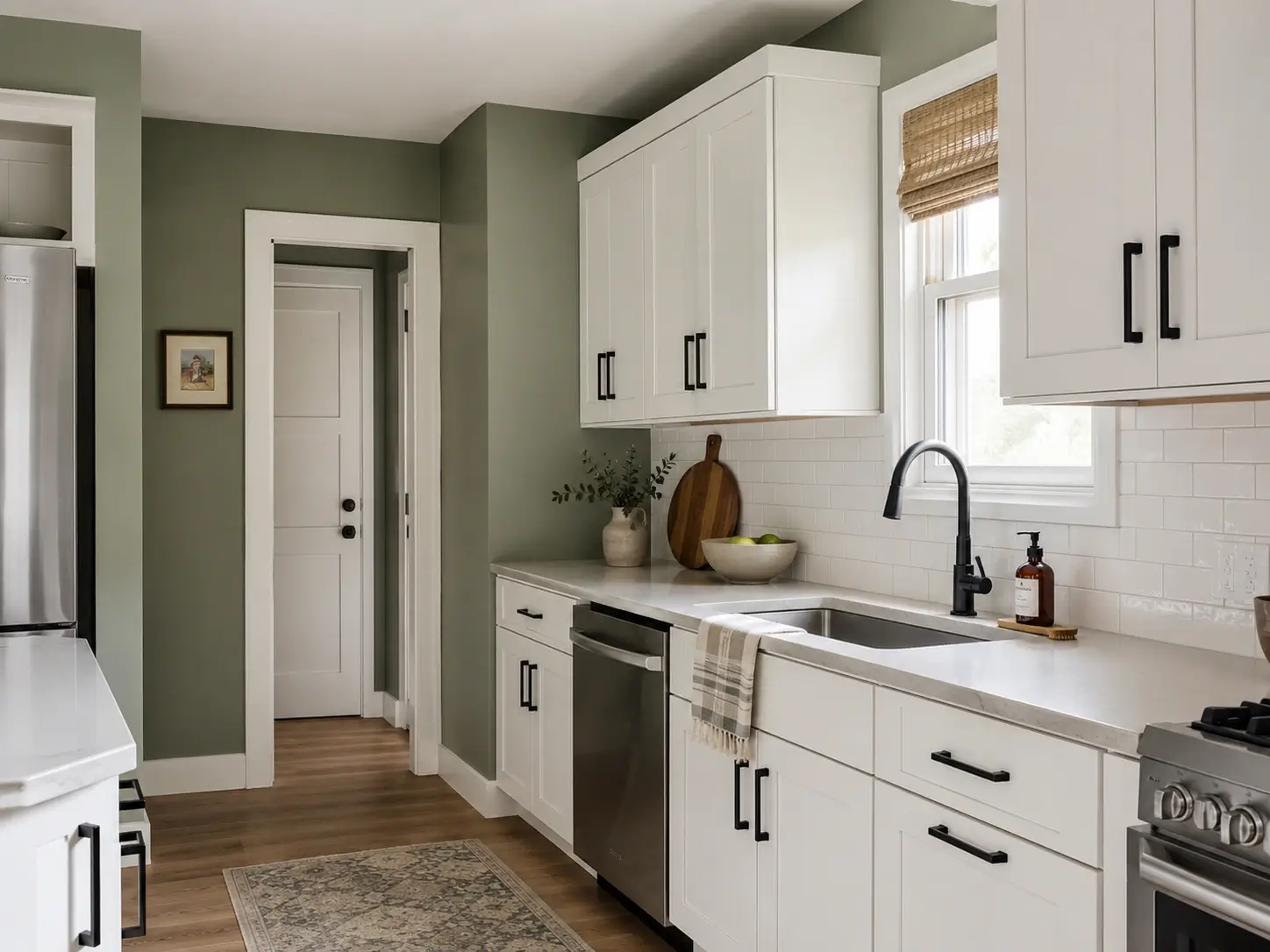 Sage kitchen walls with white shaker cabinets and matte black hardware for a budget renovation look.