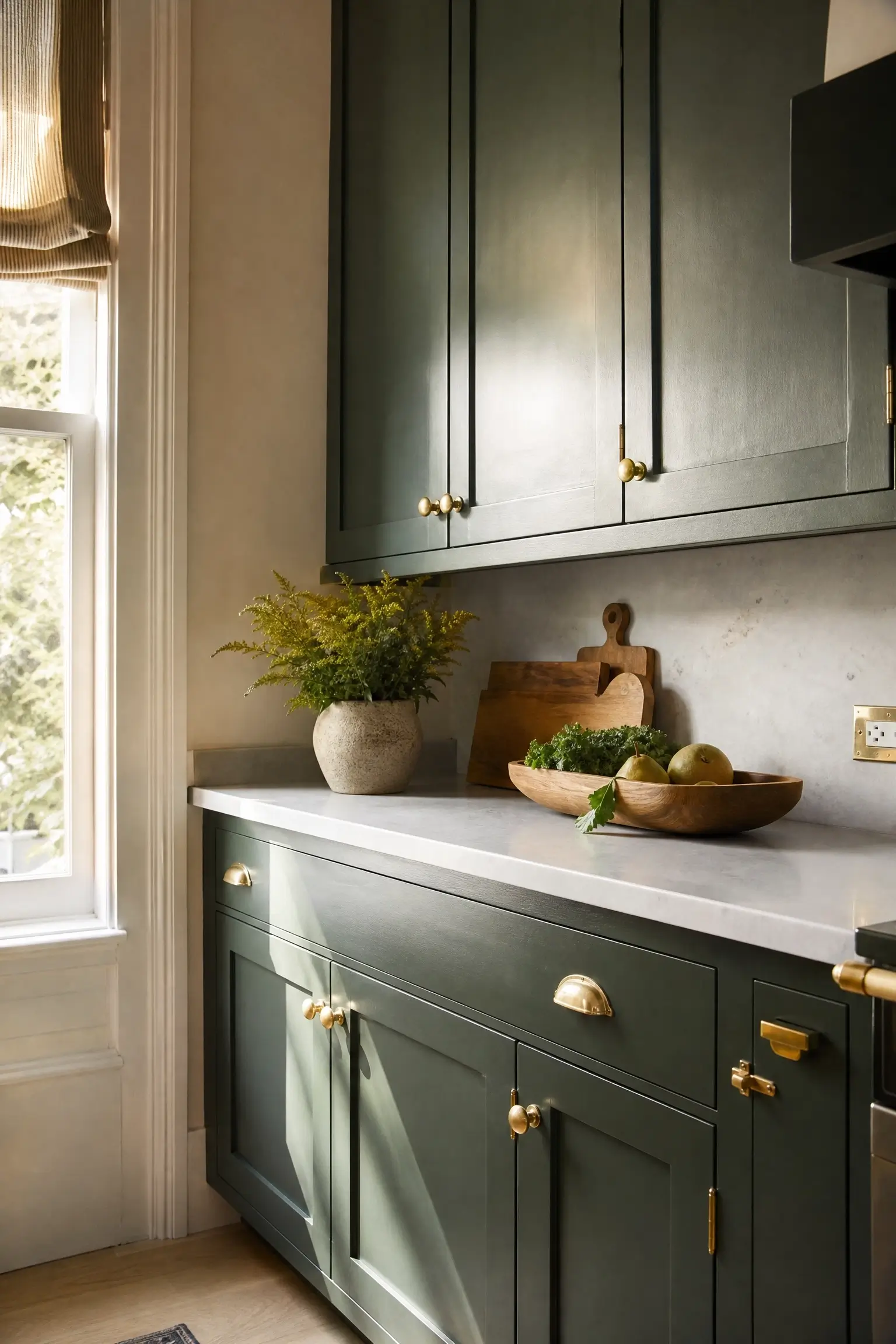 Satin dark green kitchen cabinets with brass hardware reflecting window light in a small kitchen.