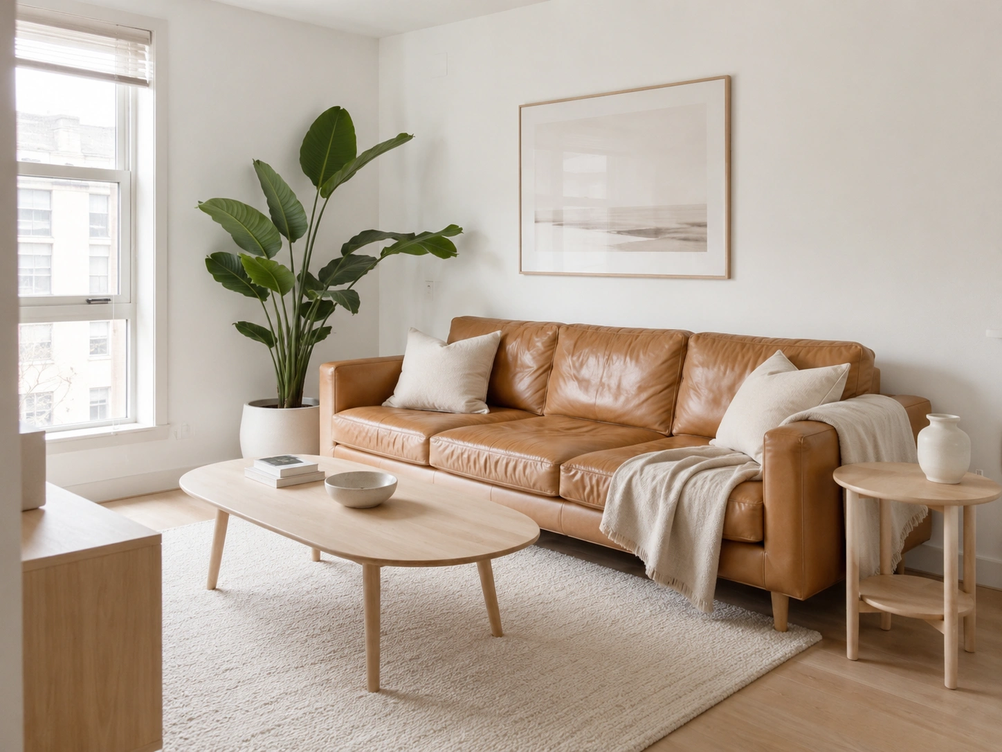 Scandi minimalist living room with tan leather sofa, white walls, natural wood table and indoor plant