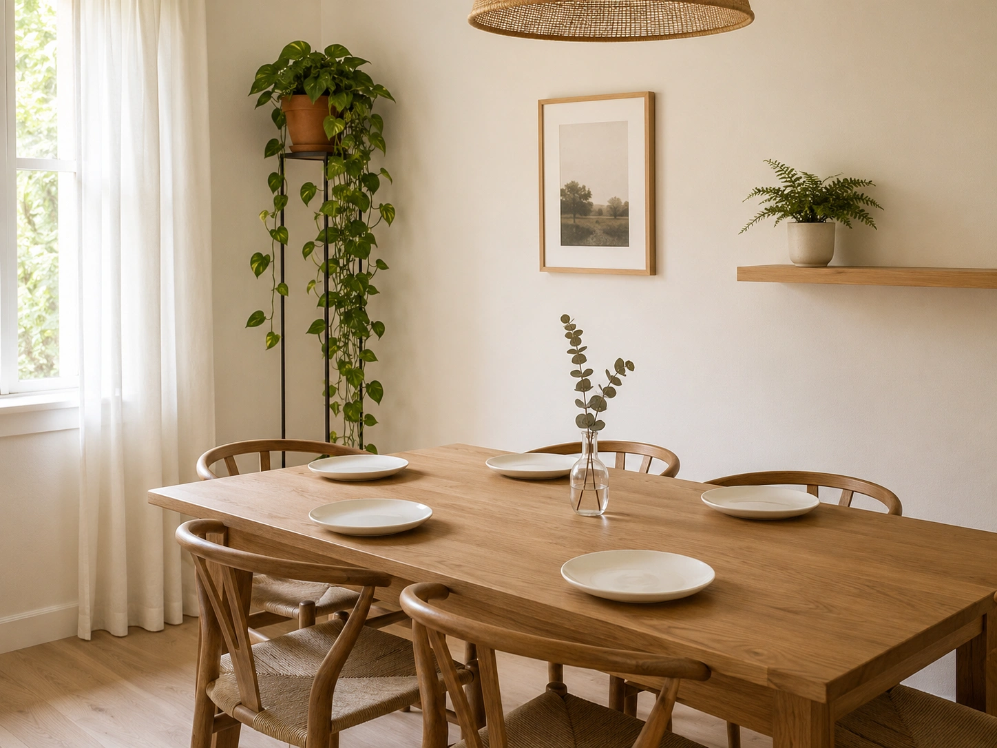 Scandinavian dining room with wooden table, rattan pendant, indoor plants and natural window light.