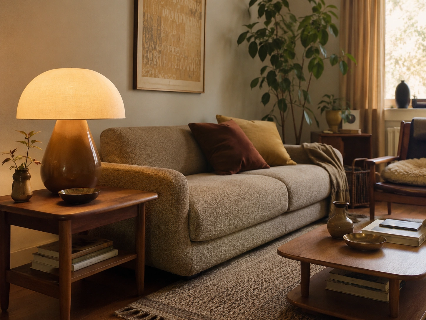 Boho living room with a sculptural mushroom table lamp, rust sofa, wood paneling, plants, and floor cushions.