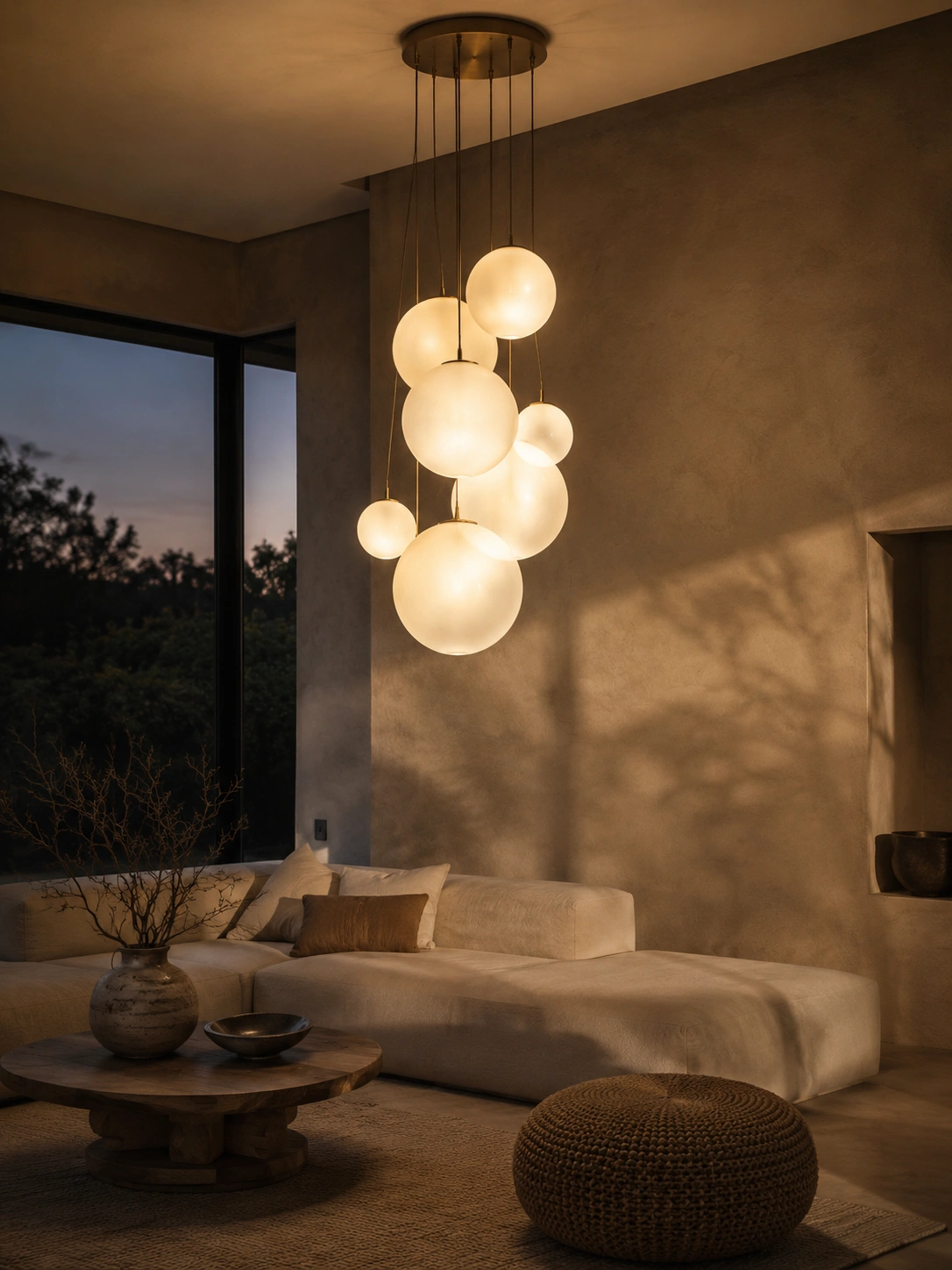 Sculptural frosted glass pendant lighting glowing above a modern neutral living room at dusk.