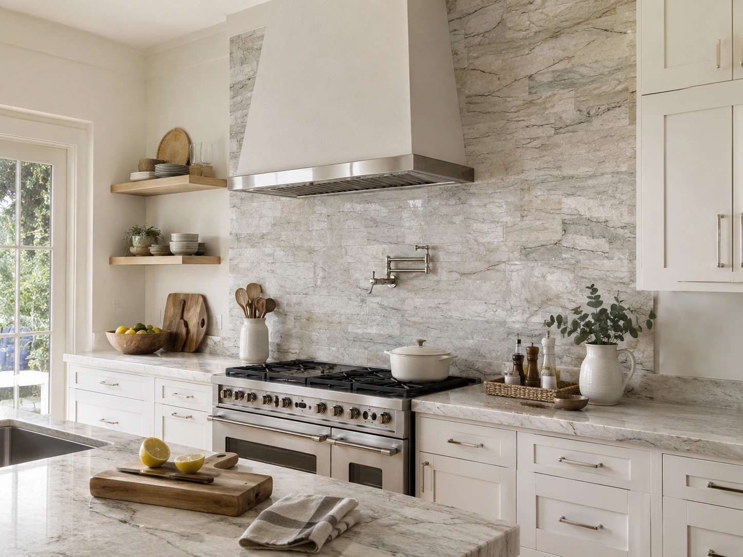Coastal kitchen with Sea Pearl quartzite backsplash, matching counters, white cabinets, and range hood.