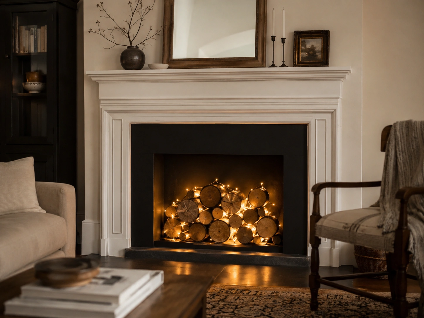 Sealed firebox with stacked wood slices and warm LED string lights under a white mantel.
