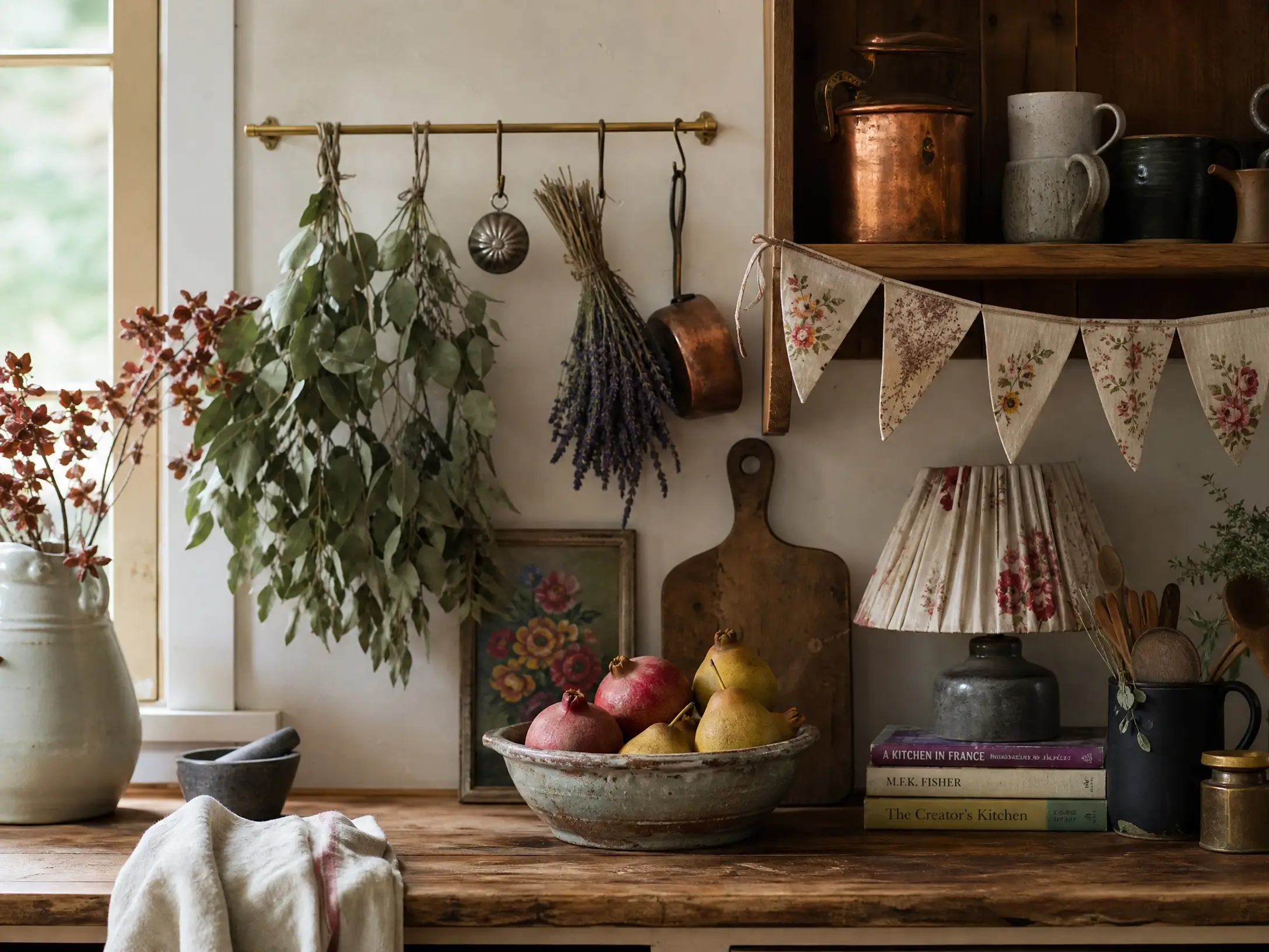 Whimsical rustic kitchen with dried herbs, floral bunting, fruit bowl, and vintage seasonal decor.