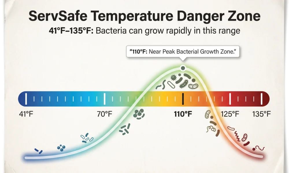 ServSafe temperature danger zone infographic showing 41°F–135°F range and 110°F peak bacterial growth.