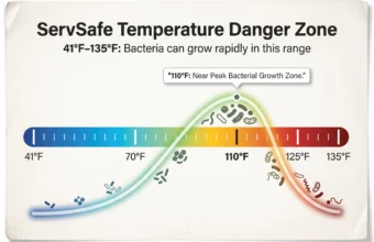 ServSafe temperature danger zone infographic showing 41°F–135°F range and 110°F peak bacterial growth.