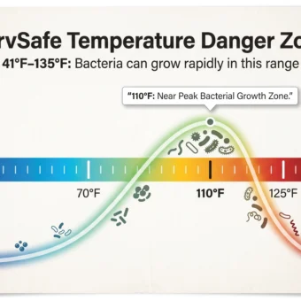 ServSafe temperature danger zone infographic showing 41°F–135°F range and 110°F peak bacterial growth.