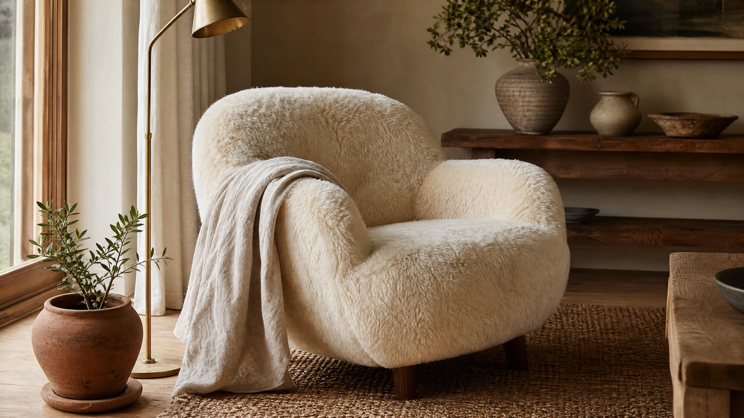 Shearling accent chair with linen throw, jute rug, terracotta pot, and warm earthy living room decor