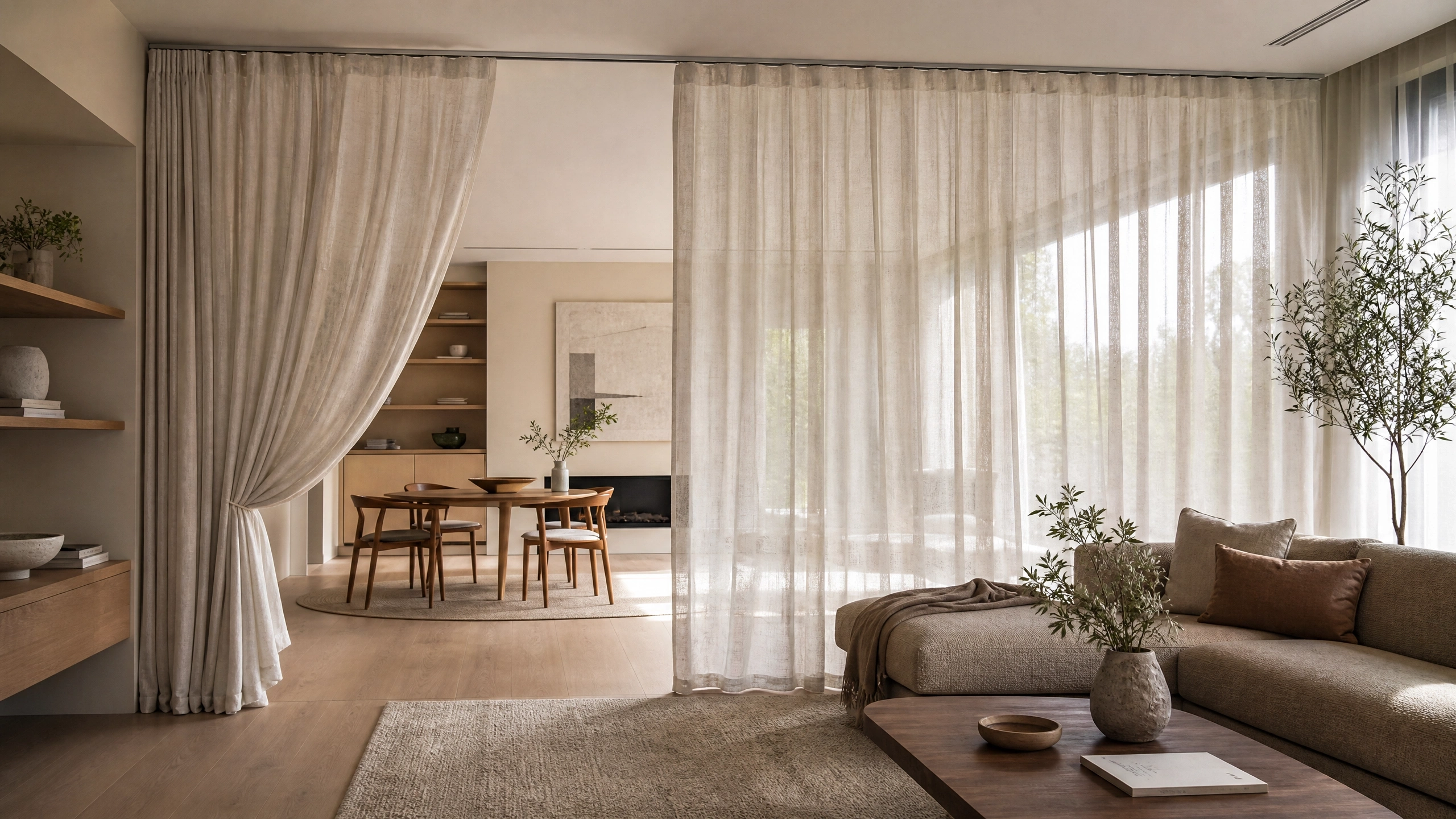 Sheer linen curtain panel on a ceiling track dividing a neutral living and dining room.