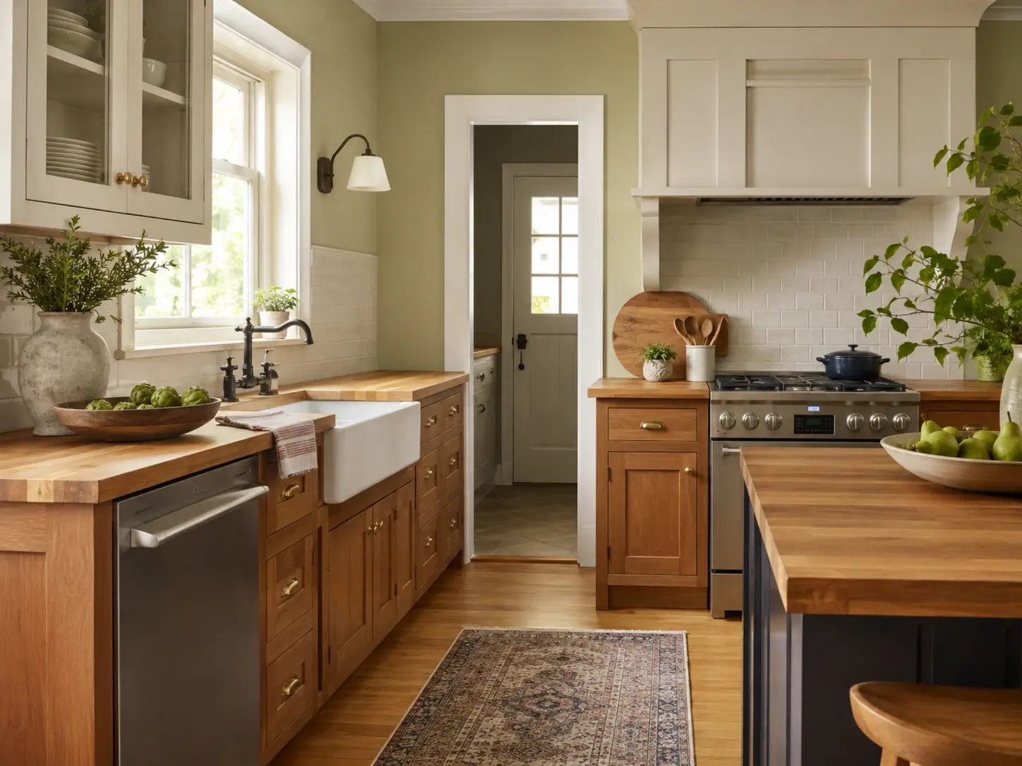 Clary Sage SW 6178 kitchen walls with warm wood cabinets, butcher block counters, and cream backsplash
