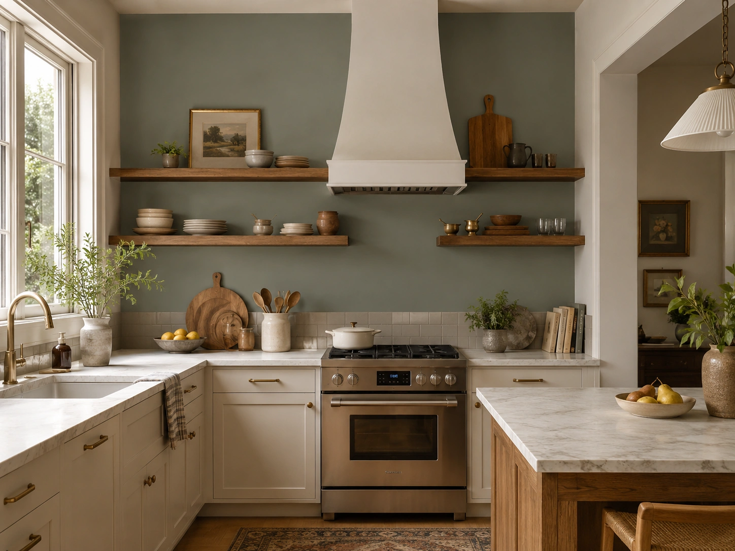 Sherwin-Williams Evergreen Fog SW 9130 feature wall in a warm, wood-toned kitchen.