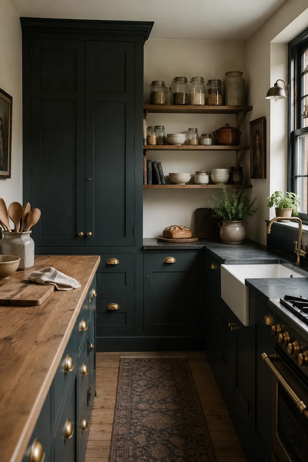 Pewter Green north-facing kitchen with Shaker cabinets, brass pulls, open shelves and farmhouse sink.