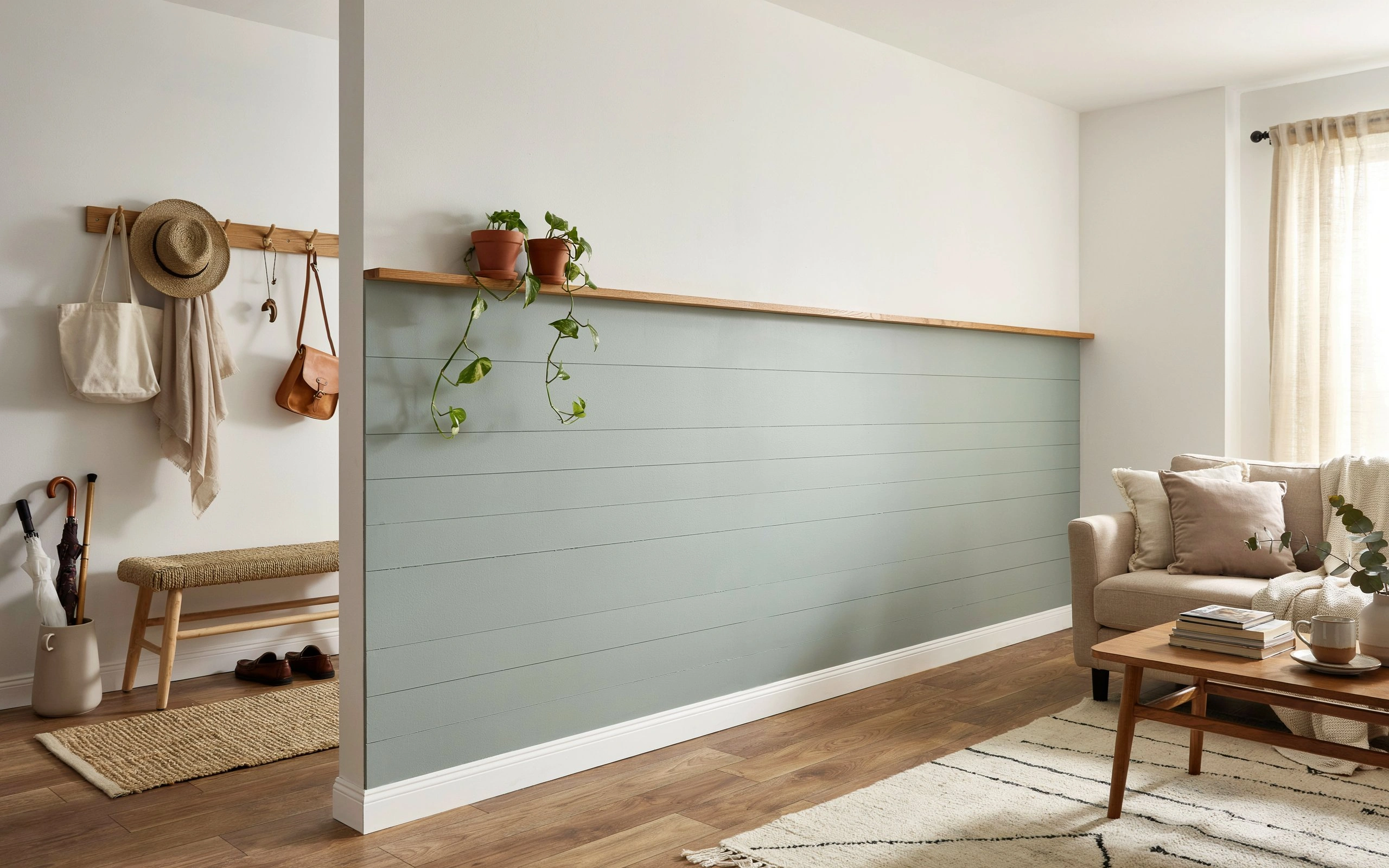 Shiplap half-wall with peg rail and hook strip in a warm modern entryway living room.