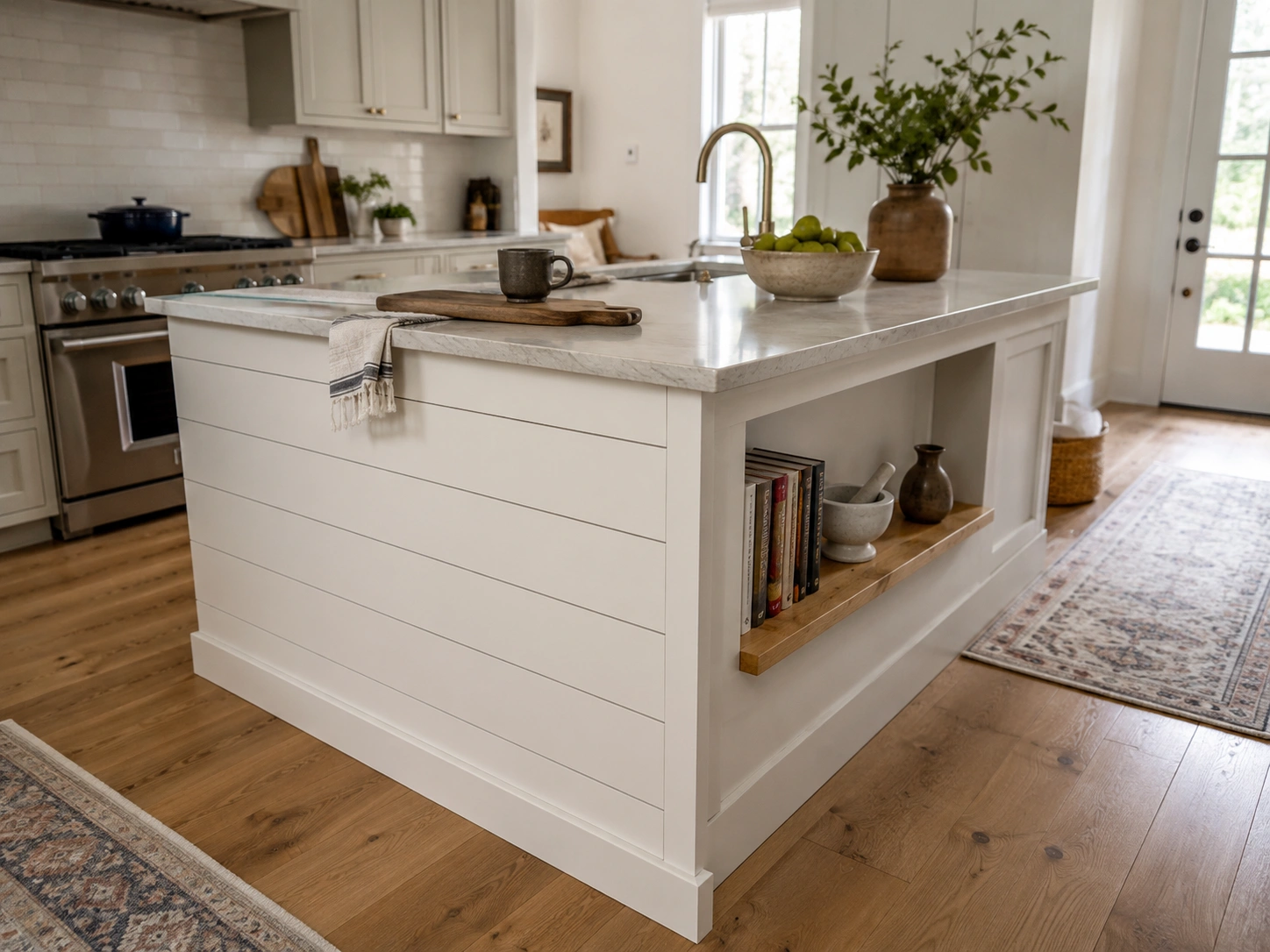 White kitchen island with shiplap side panels and a floating wood shelf end cap.