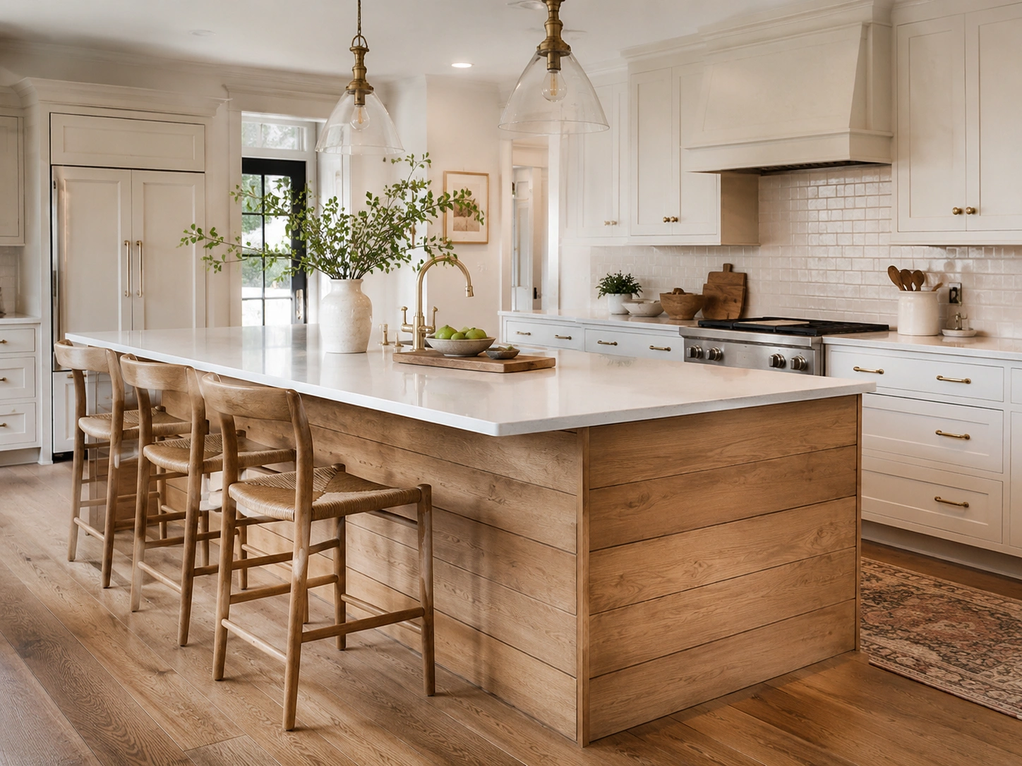 White kitchen island with horizontal wood plank base, white quartz countertop, wood stools and brass pendant lights.