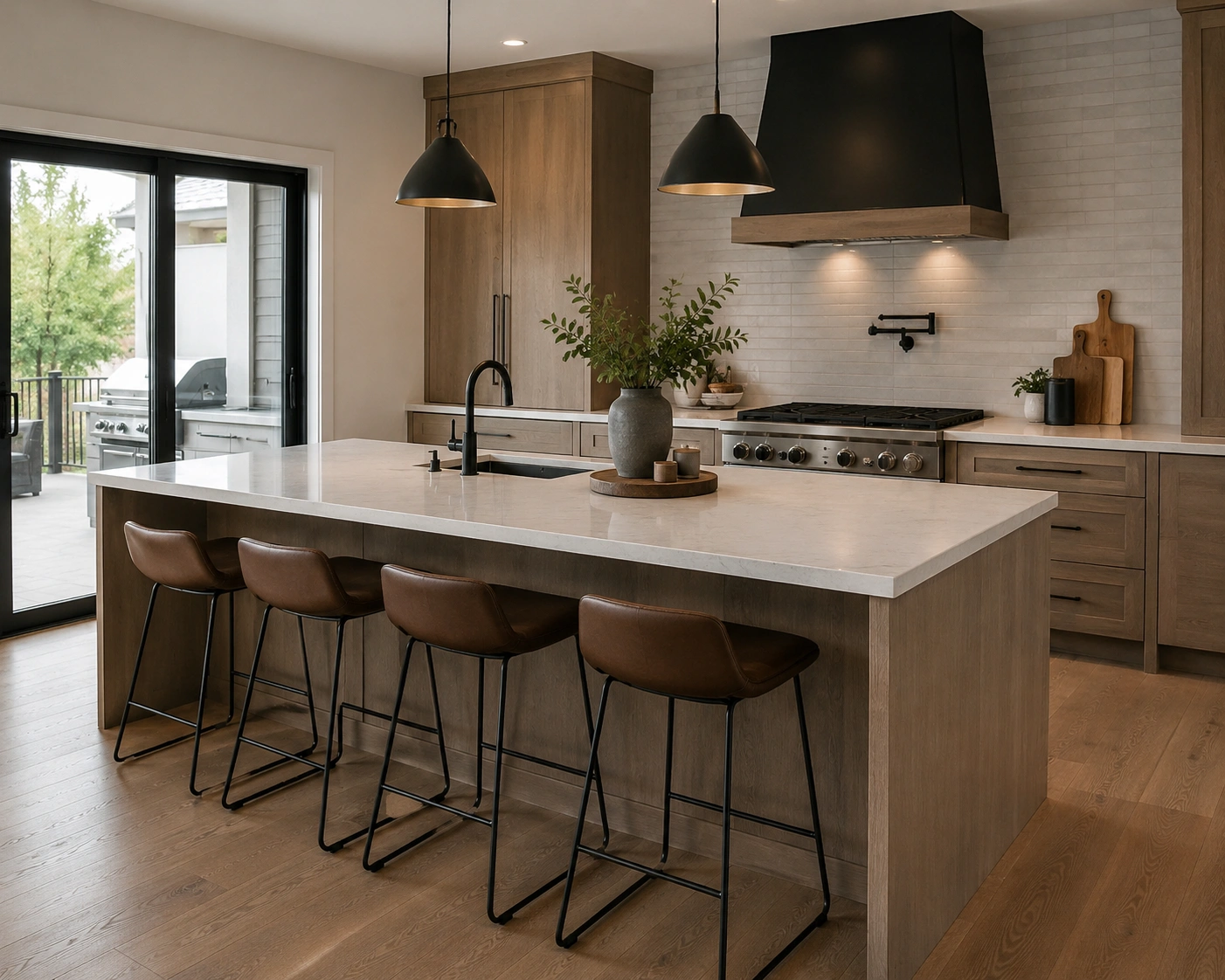 Kitchen island with single-side bar seating, 12-inch overhang, white countertop and warm wood base.