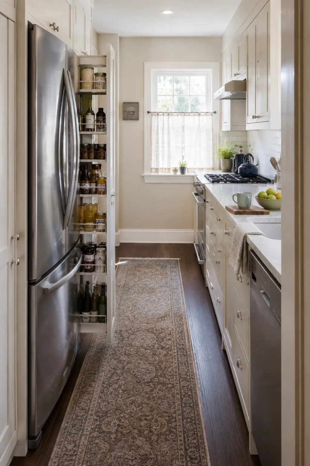 Six-inch pull-out pantry beside fridge storing oils and tiny jars in a narrow galley kitchen